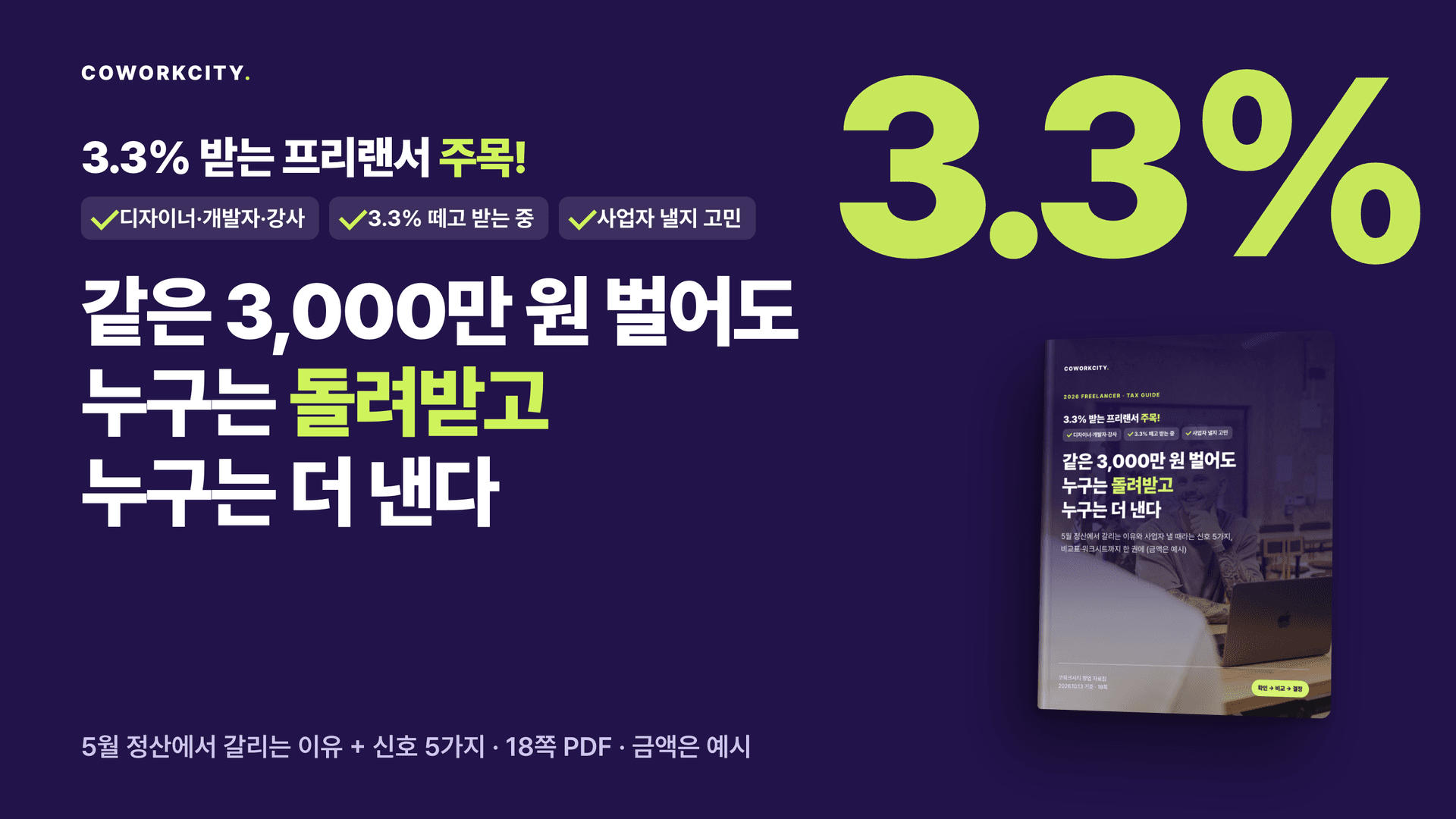 프리랜서 3.3%, 사업자 낼 때인가 판단 키트: 3분 자가진단, 3.3% 원천징수 계산 예시, 사업자등록 검토 신호 5가지, 3.3% 유지와 사업자등록 비교표, 비교 워크시트, 장부·경비율 기준, 11월~5월 신고 일정, 거래처 안내 메시지 예시를 담은 18쪽 PDF 표지